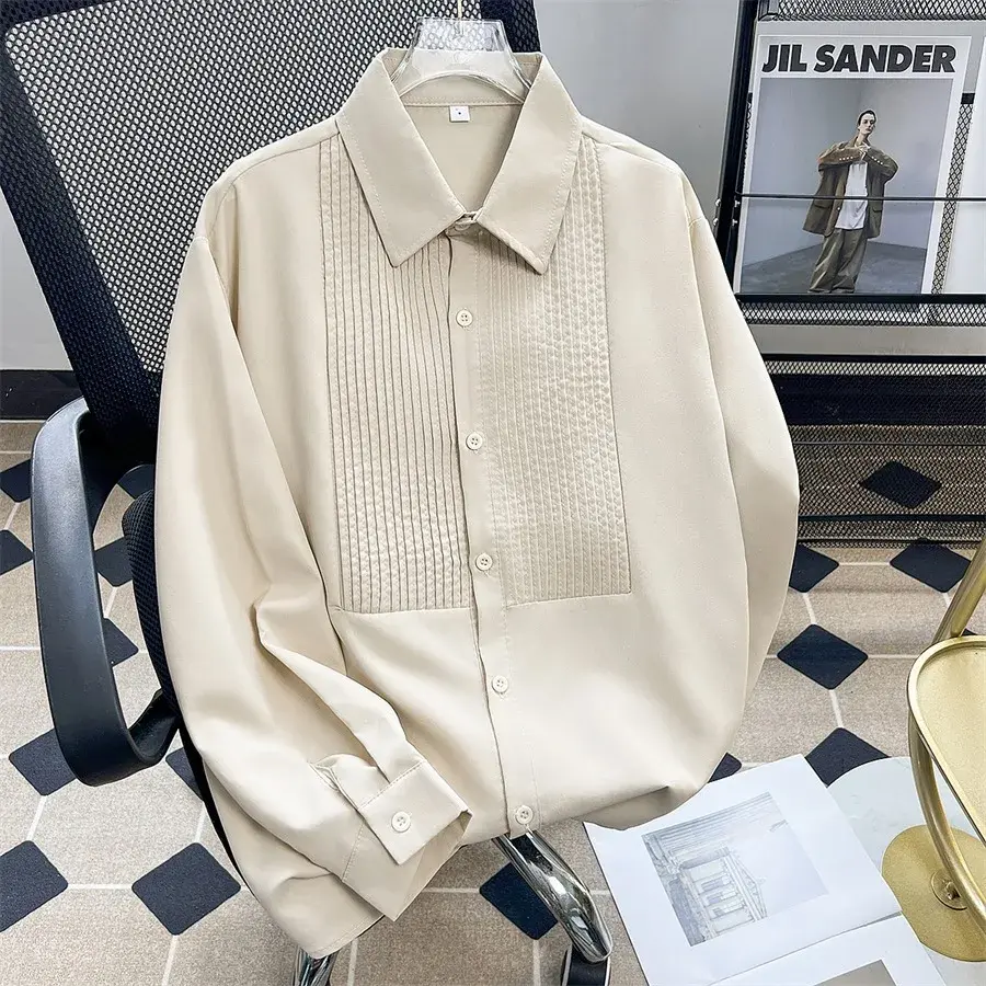 New Groom Men's Long Sleeve Shirt Fashionable Pleated Gown Trendy Slim Fit Smooths Silhouette For Wedding Dinner Performance