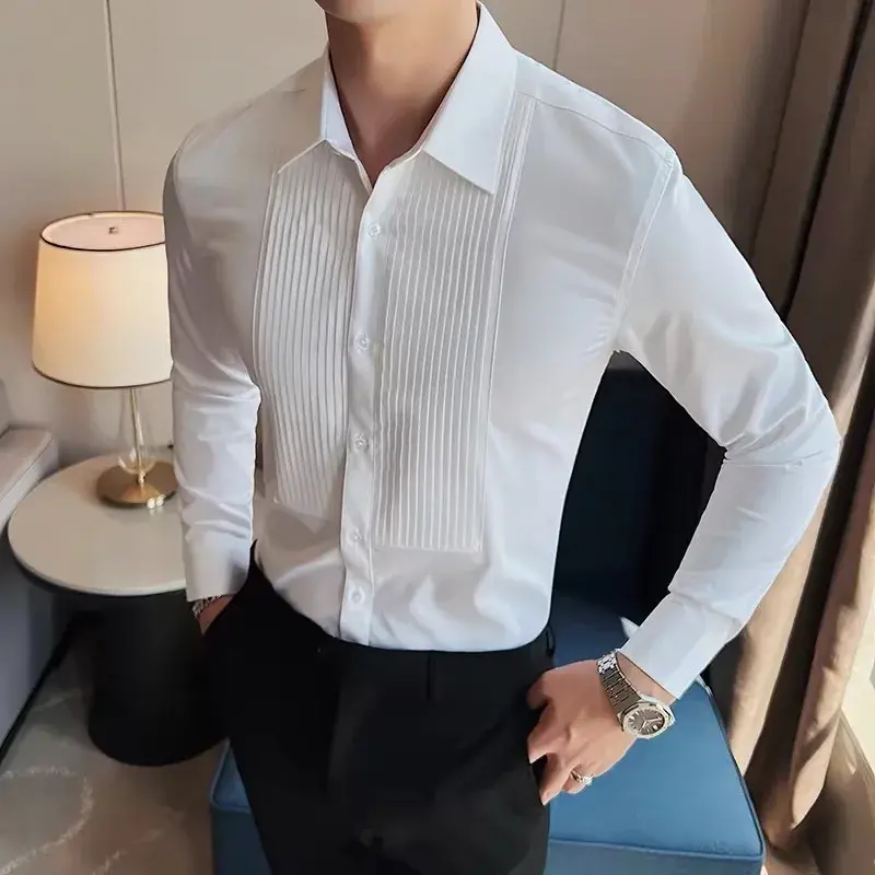 New Groom Men's Long Sleeve Shirt Fashionable Pleated Gown Trendy Slim Fit Smooths Silhouette For Wedding Dinner Performance