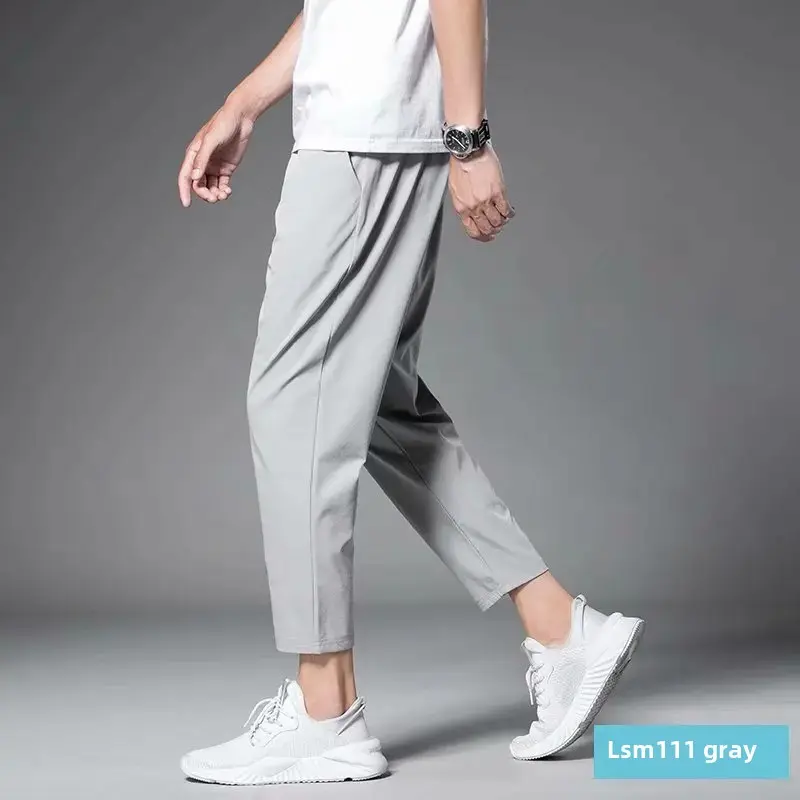 Men's Ice Silk Pants Summer Thin Style Loose Fit Plus Size Straight Leg Cropped Pants Versatile Quick Dry Sports Casual Trousers