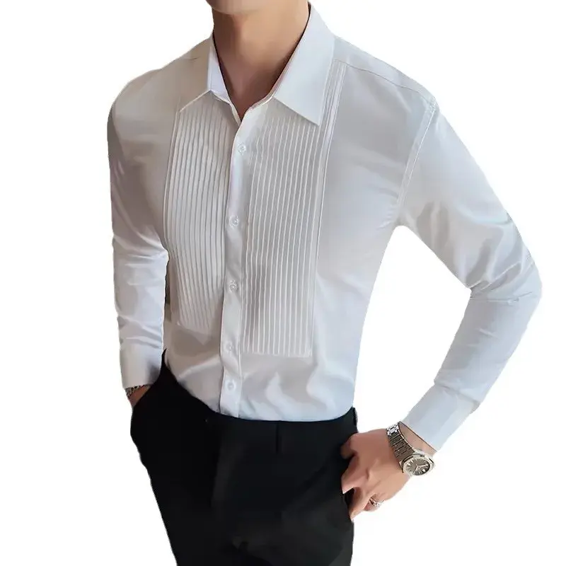 New Groom Men's Long Sleeve Shirt Fashionable Pleated Gown Trendy Slim Fit Smooths Silhouette For Wedding Dinner Performance