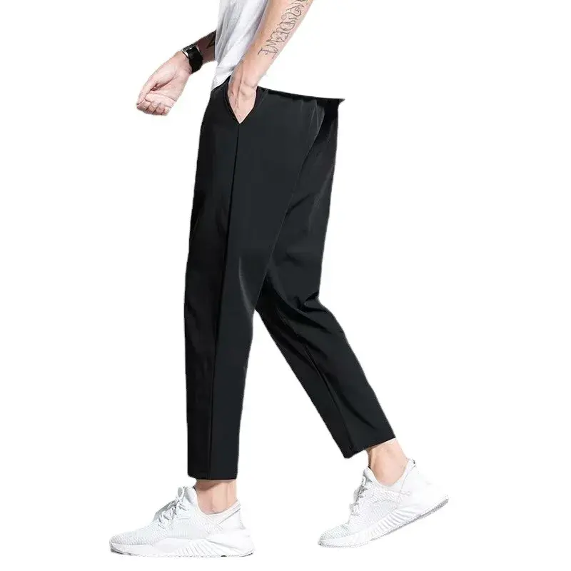 Men's Ice Silk Pants Summer Thin Style Loose Fit Plus Size Straight Leg Cropped Pants Versatile Quick Dry Sports Casual Trousers