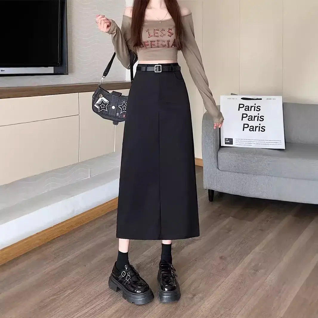 Gray Casual Suit A- Line Mini Skirt High Waist Slim Straight Leg Length Mid-Calf Post Split Hip Concealment Zipper Decor