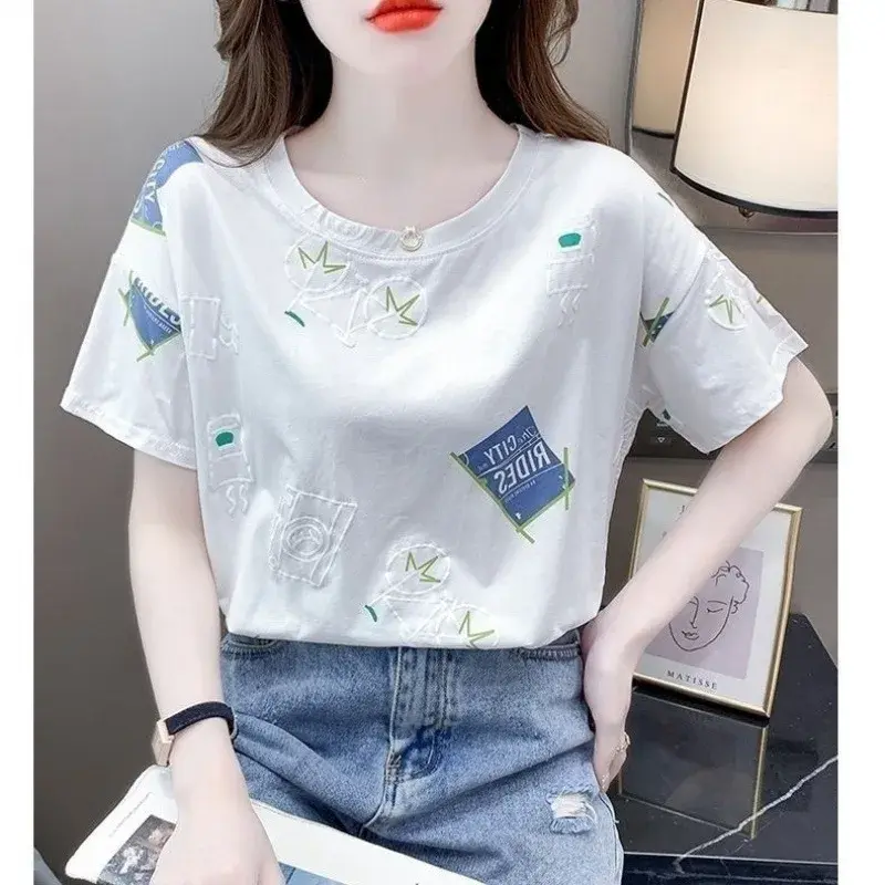 2024 Summer New Style White T-Shirt Women's Short Sleeves Loose Fit Round Neck Printed Top Trendy Korean Version