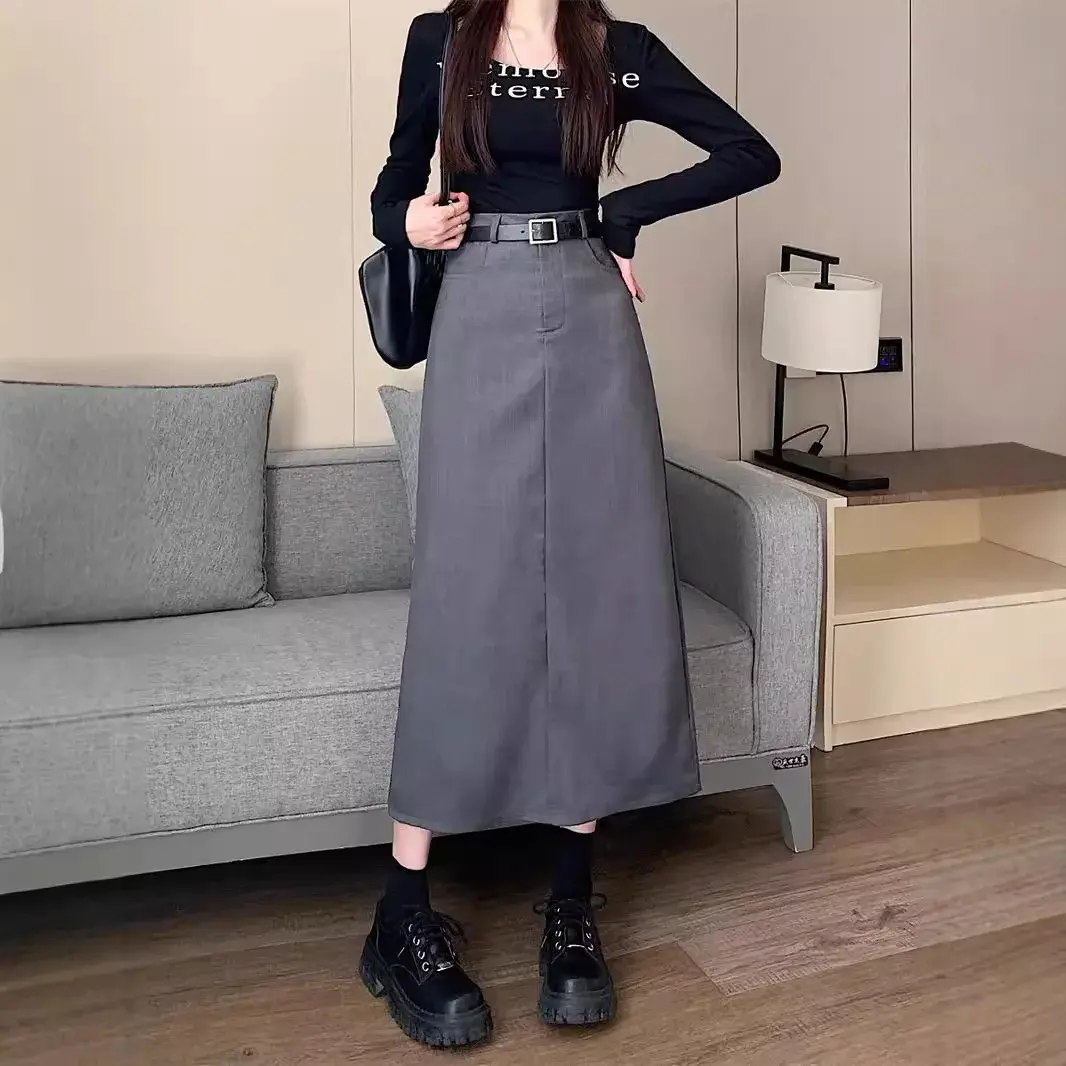 Gray Casual Suit A- Line Mini Skirt High Waist Slim Straight Leg Length Mid-Calf Post Split Hip Concealment Zipper Decor