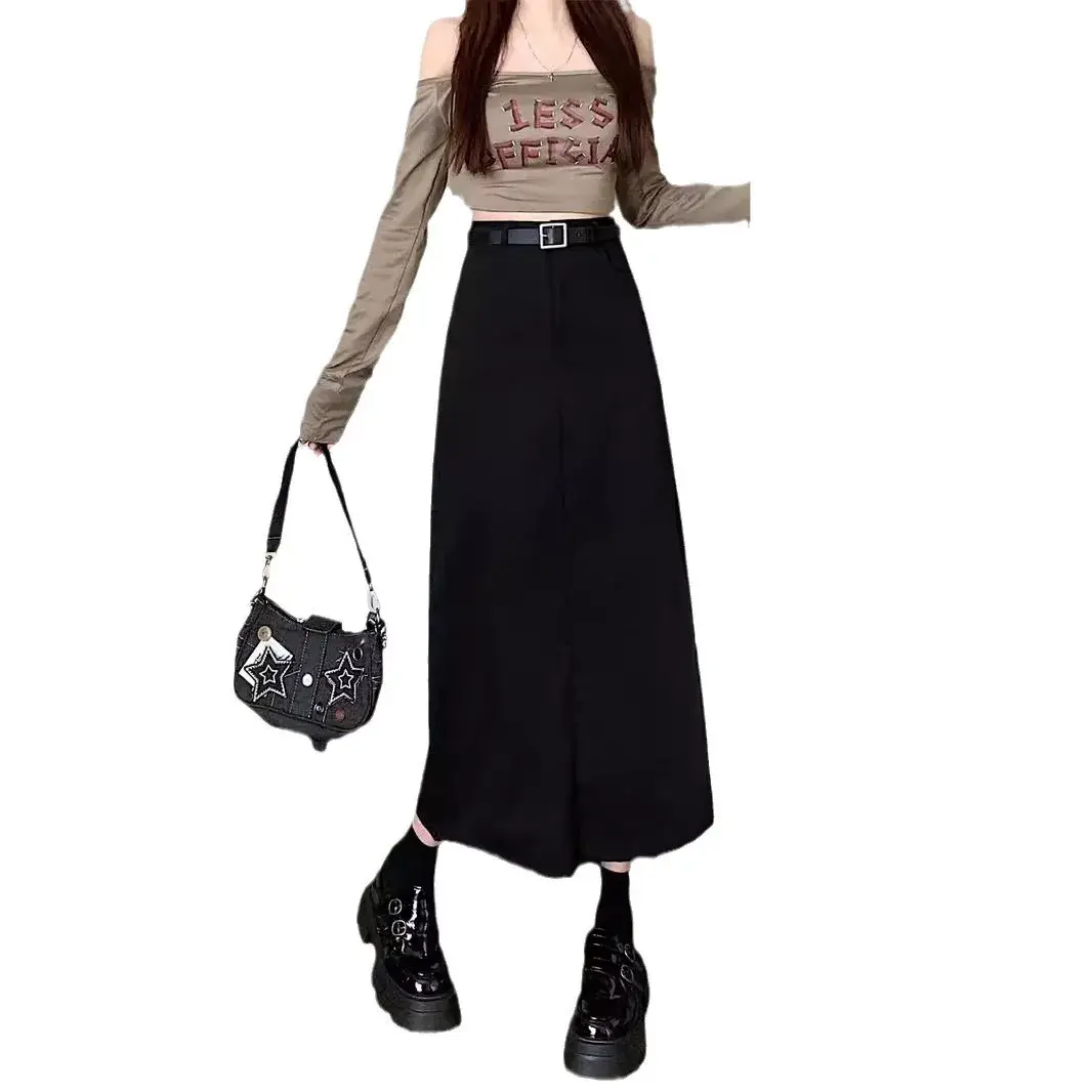 Gray Casual Suit A- Line Mini Skirt High Waist Slim Straight Leg Length Mid-Calf Post Split Hip Concealment Zipper Decor