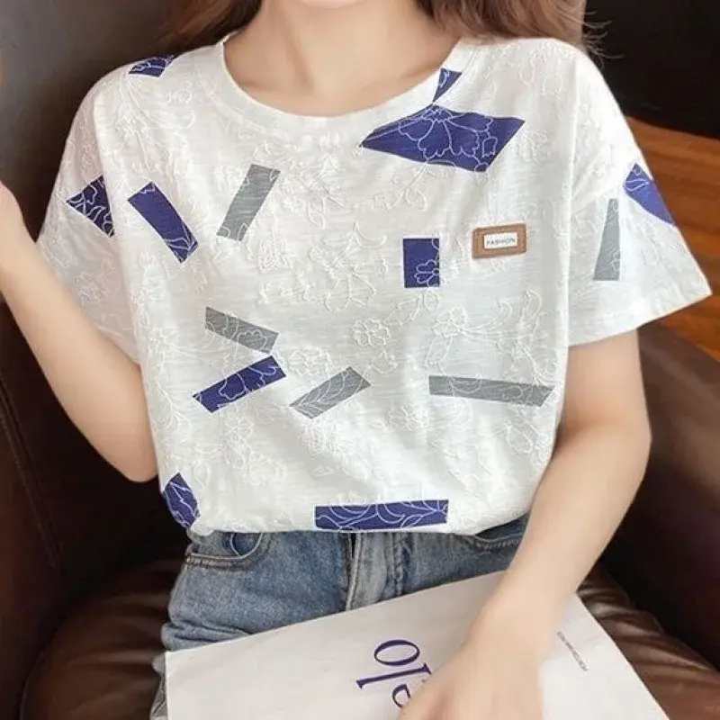 2024 Summer New Style White T-Shirt Women's Short Sleeves Loose Fit Round Neck Printed Top Trendy Korean Version