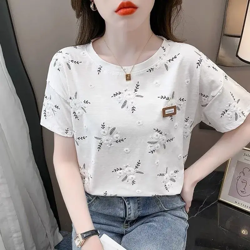 2024 Summer New Style White T-Shirt Women's Short Sleeves Loose Fit Round Neck Printed Top Trendy Korean Version