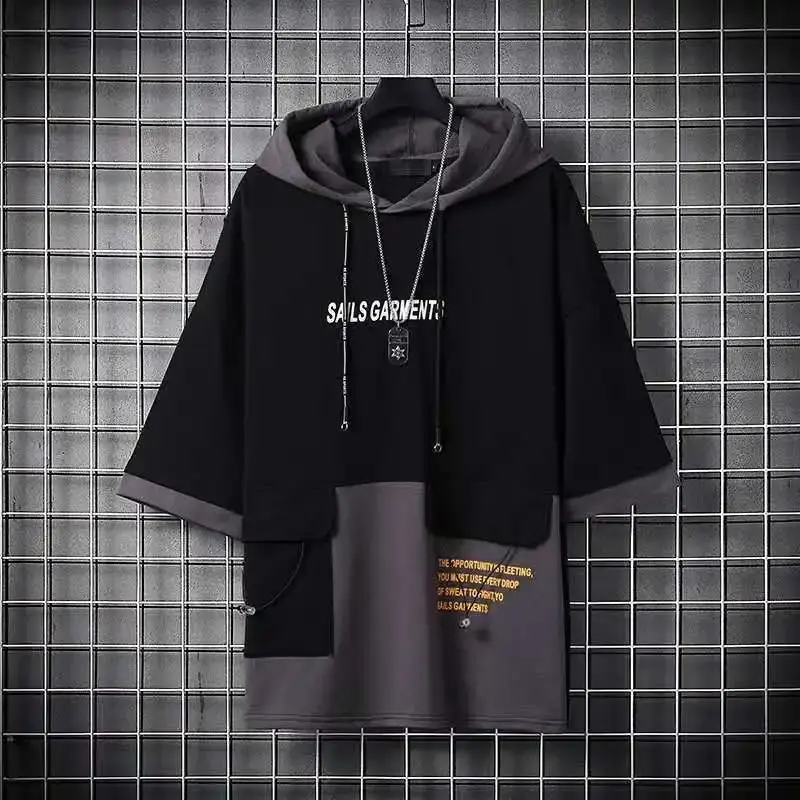 Summer Unisex Short Sleeve Hooded T-shirts Trendy Japanese Style Student Casual Clothes For Men Women