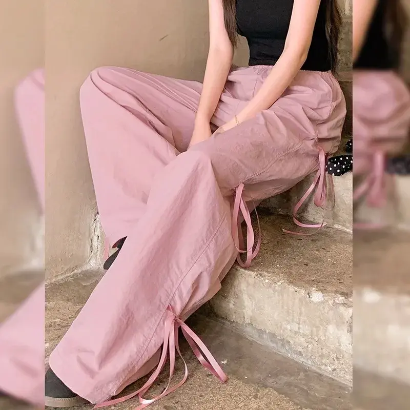 Trendy Casual Wide Leg Pants Women's Autumn Winter High Waist Splicing Lace Trim Drapey Slimming Sporty Trousers