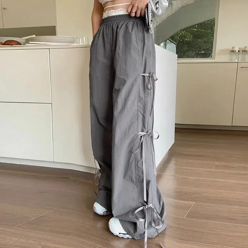 Trendy Casual Wide Leg Pants Women's Autumn Winter High Waist Splicing Lace Trim Drapey Slimming Sporty Trousers