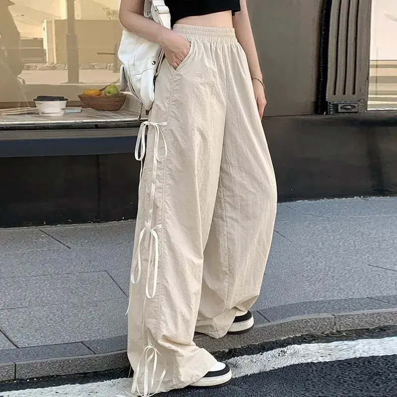 Trendy Casual Wide Leg Pants Women's Autumn Winter High Waist Splicing Lace Trim Drapey Slimming Sporty Trousers