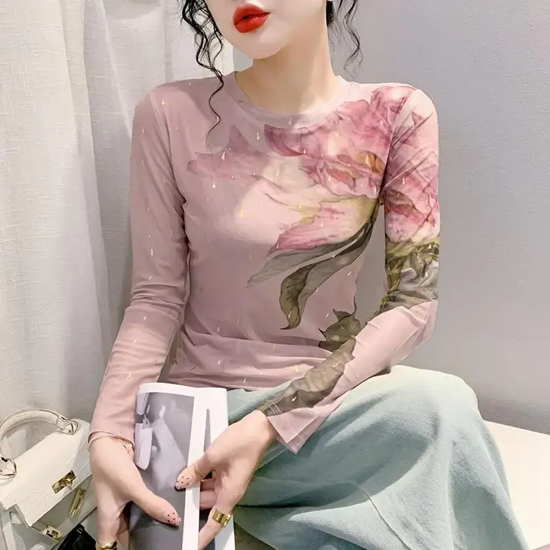 Luxurious Slimming Printed Long Sleeve T-Shirt Women's Round Neck Base Layer Top2023 Autumn New Fashion Versatile Small Shirt