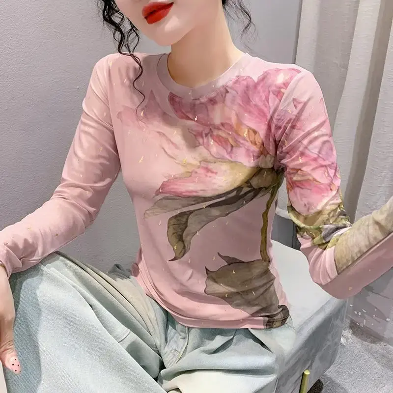 Luxurious Slimming Printed Long Sleeve T-Shirt Women's Round Neck Base Layer Top2023 Autumn New Fashion Versatile Small Shirt