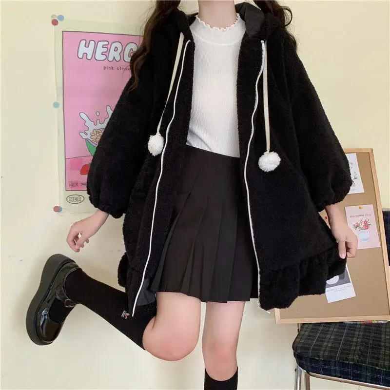 Soft Girl Style Hooded Lamb Fur Sweatshirt Women's Autumn Winter New Rabbit Ear Design Student Casual Outerwear with Puffy Sleev