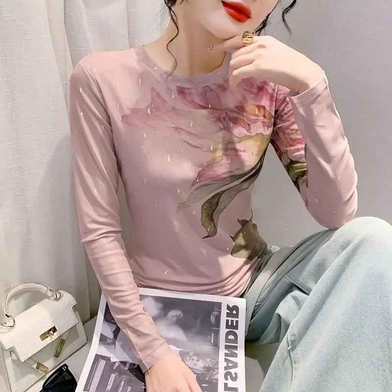 Luxurious Slimming Printed Long Sleeve T-Shirt Women's Round Neck Base Layer Top2023 Autumn New Fashion Versatile Small Shirt