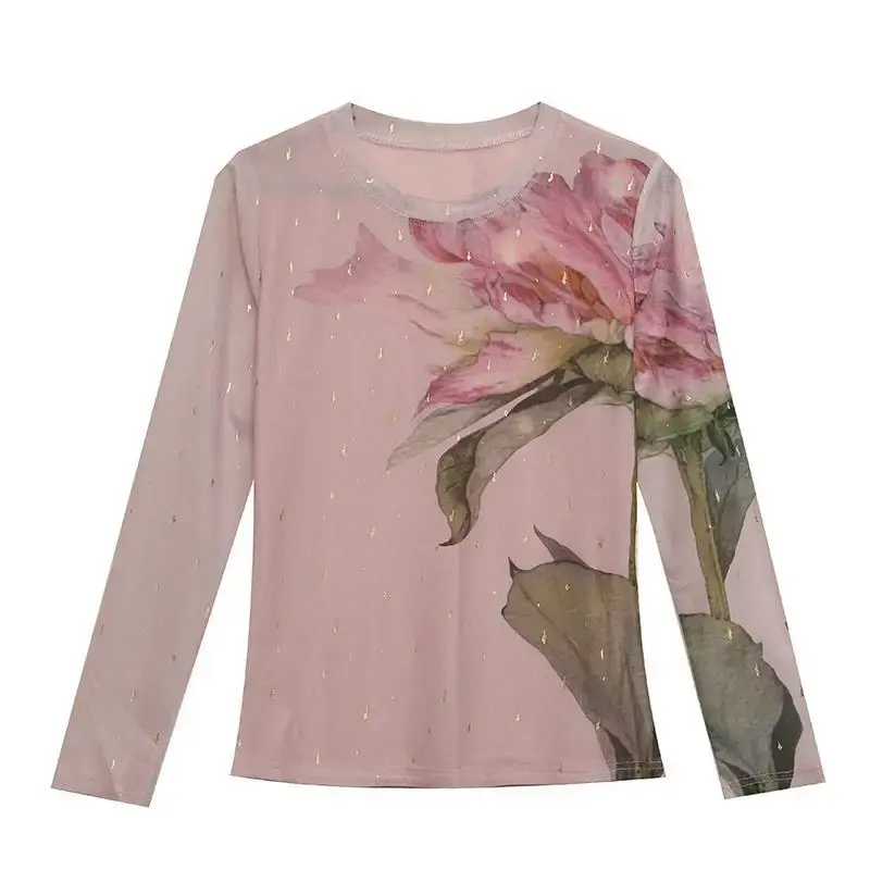 Luxurious Slimming Printed Long Sleeve T-Shirt Women's Round Neck Base Layer Top2023 Autumn New Fashion Versatile Small Shirt
