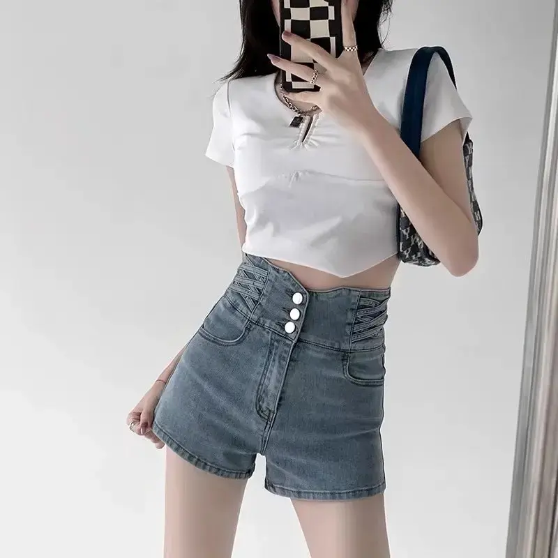 High-Waisted Denim Shorts Women's 2023 Summer New Elastic Slimming Push-Up Waist Slimming Cotton Versatile Shorts