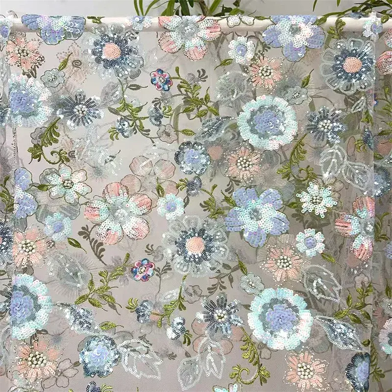 New Floral Embroidery Fabric Lace Thin Dress Wedding Dress Gown Material Cross-Border Embroidered Beads Clothing Accessories
