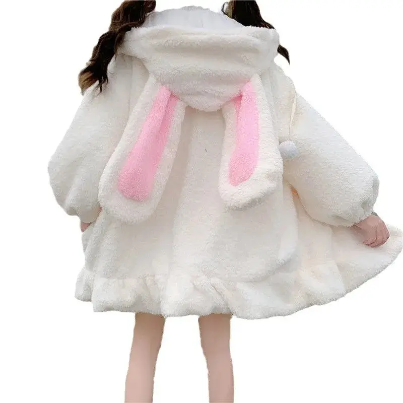 Soft Girl Style Hooded Lamb Fur Sweatshirt Women's Autumn Winter New Rabbit Ear Design Student Casual Outerwear with Puffy Sleev