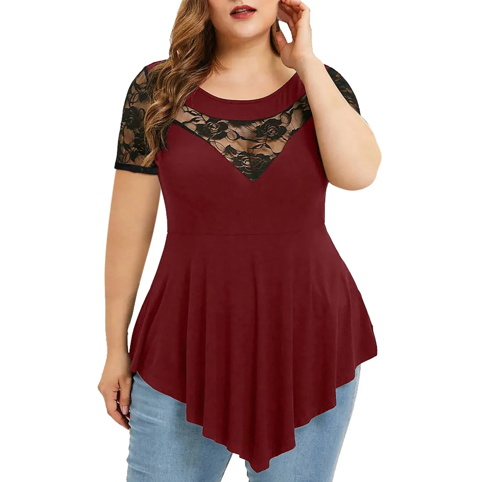 New Style Women's Clothing Plus Size Floral Lace Short Sleeves Irregular Bottom Round Neck Women's Top Crew Neck Acrylic Materia