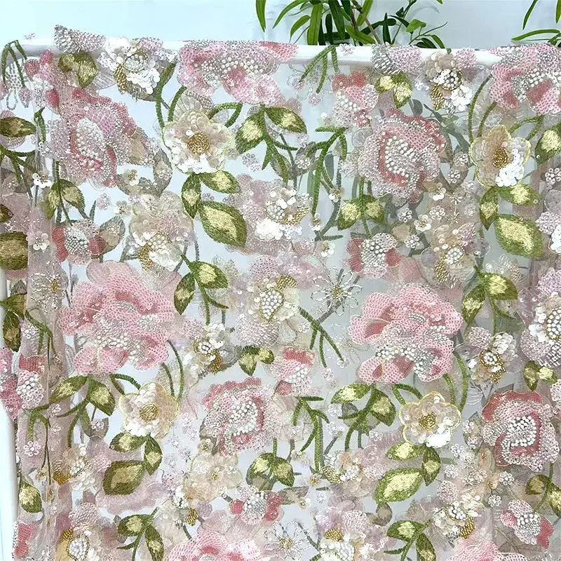 New Floral Embroidery Fabric Lace Thin Dress Wedding Dress Gown Material Cross-Border Embroidered Beads Clothing Accessories
