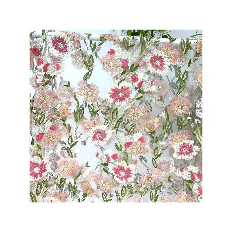 New Floral Embroidery Fabric Lace Thin Dress Wedding Dress Gown Material Cross-Border Embroidered Beads Clothing Accessories