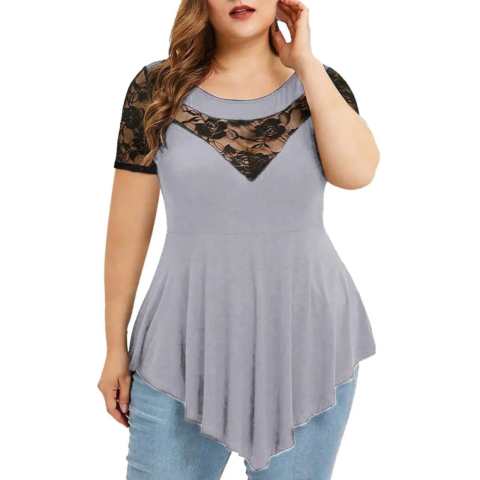 New Style Women's Clothing Plus Size Floral Lace Short Sleeves Irregular Bottom Round Neck Women's Top Crew Neck Acrylic Materia