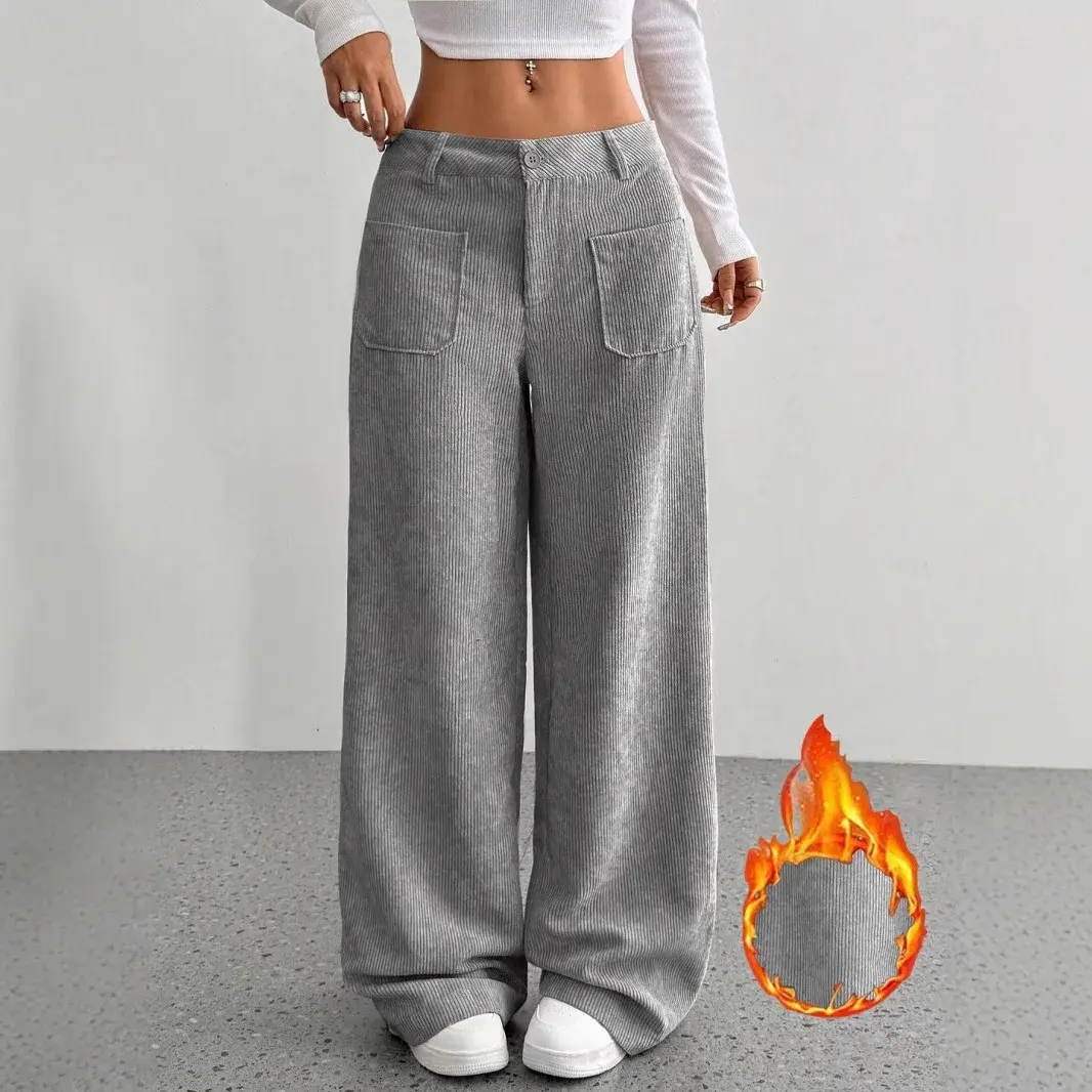Loose Casual Women's Wide Leg Pants Floor-Length Cross-Border Pocket Design Pure Color Comfortable Fit Trousers