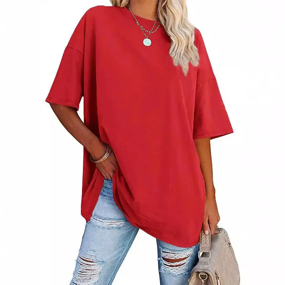 Fashionable Pure Cotton Casual T-Shirt For Women Loose Fit Short Sleeves Solid Color Round Neck Top Summer Amazon Style