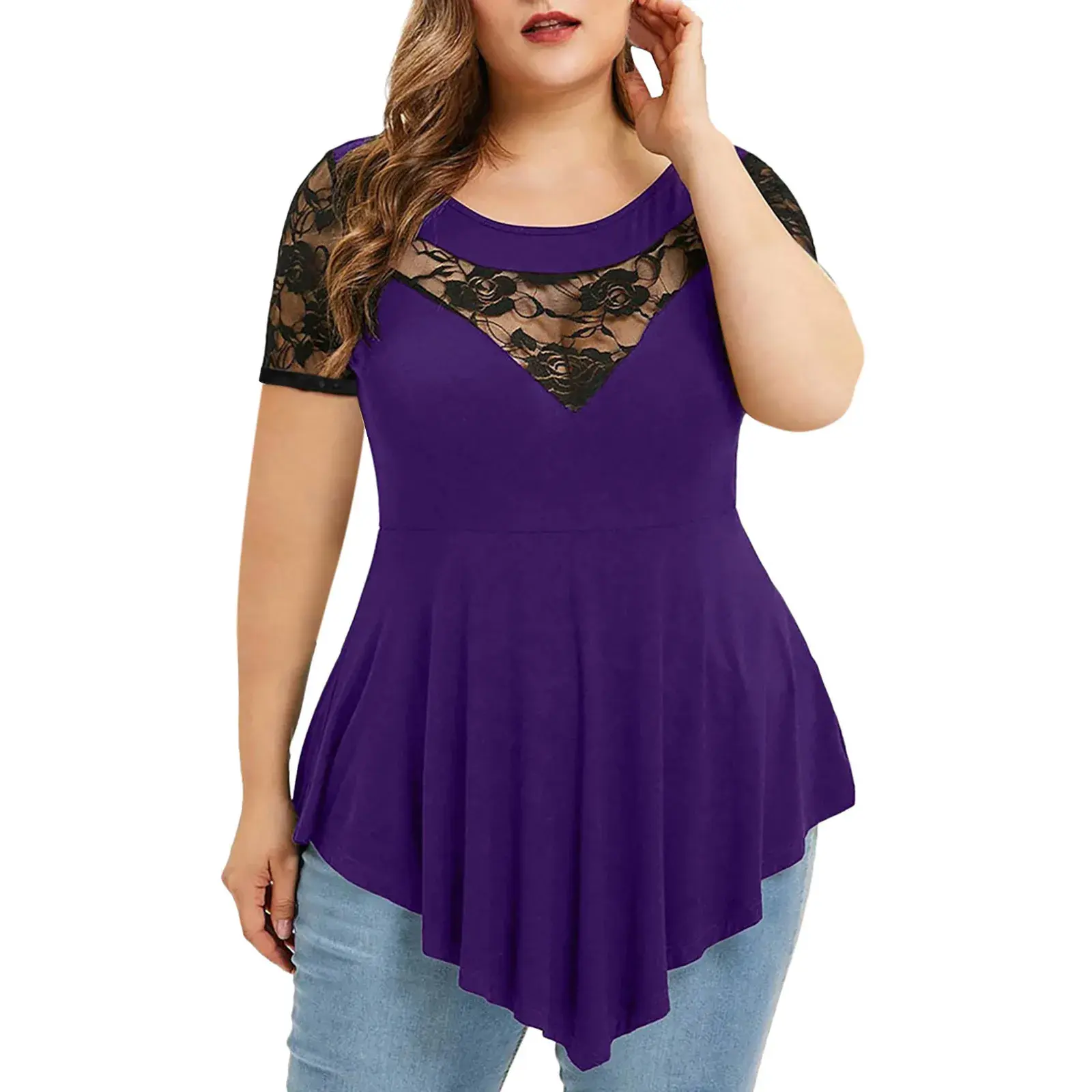 New Style Women's Clothing Plus Size Floral Lace Short Sleeves Irregular Bottom Round Neck Women's Top Crew Neck Acrylic Materia
