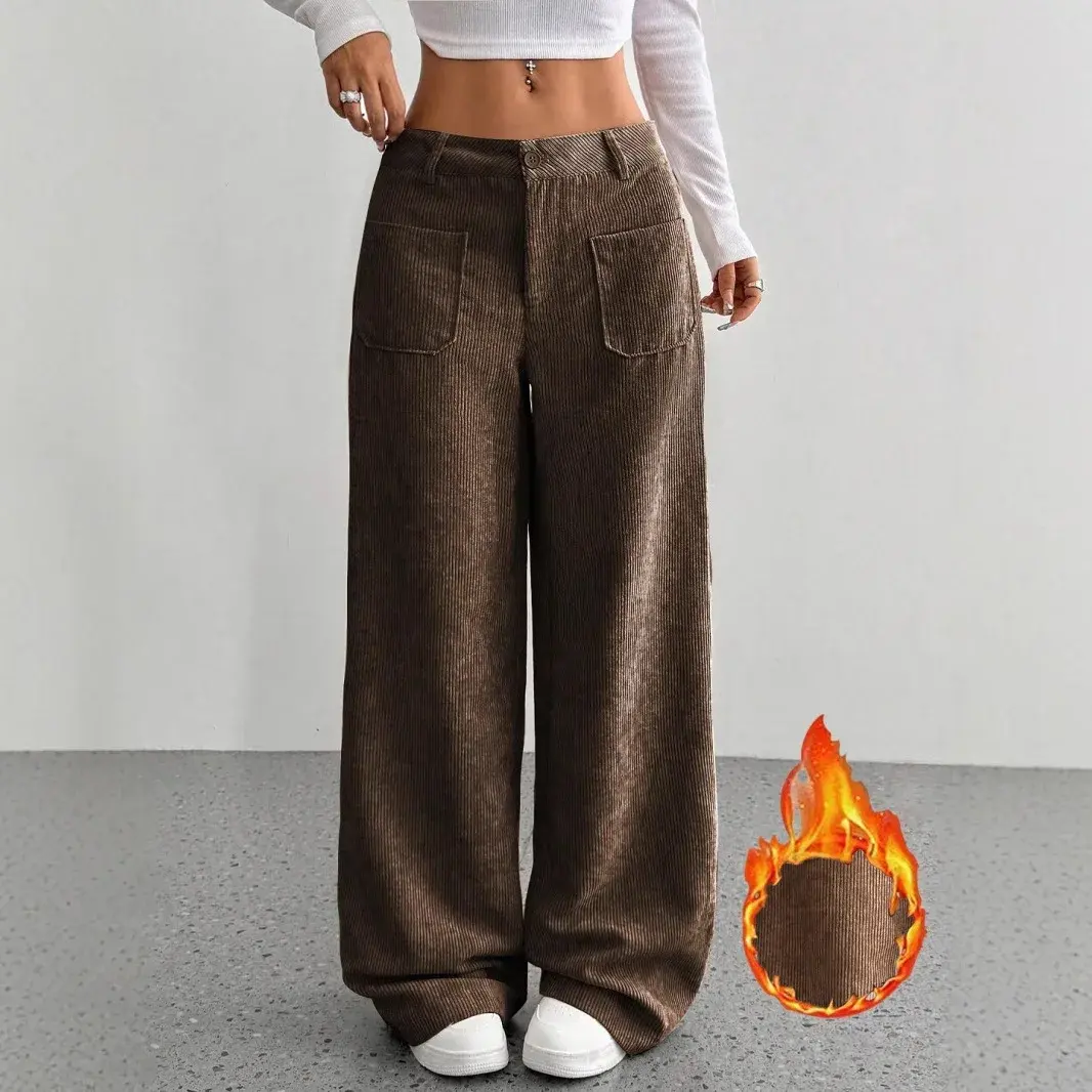 Loose Casual Women's Wide Leg Pants Floor-Length Cross-Border Pocket Design Pure Color Comfortable Fit Trousers