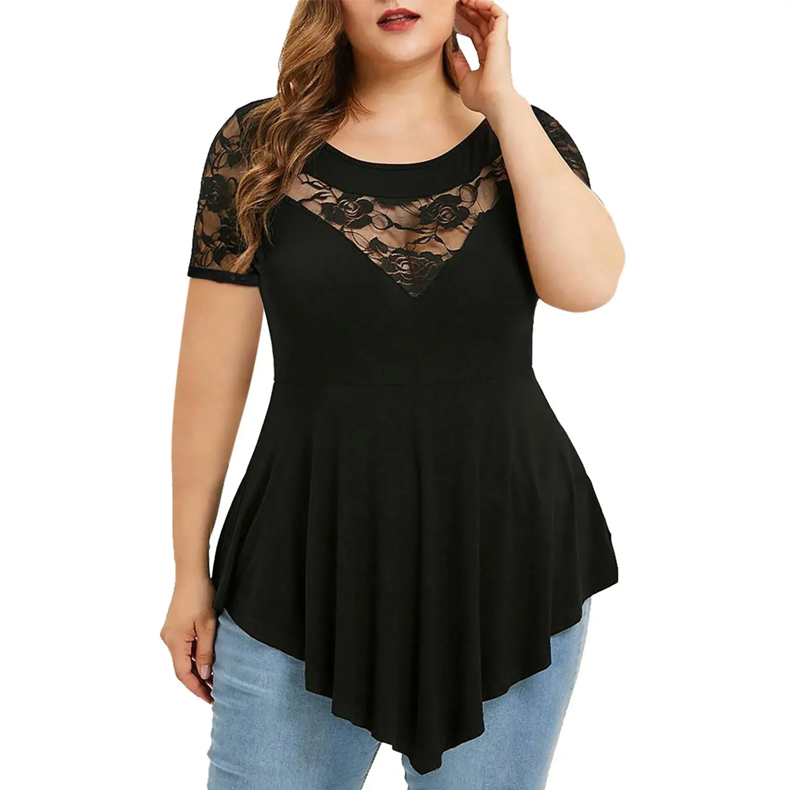 New Style Women's Clothing Plus Size Floral Lace Short Sleeves Irregular Bottom Round Neck Women's Top Crew Neck Acrylic Materia