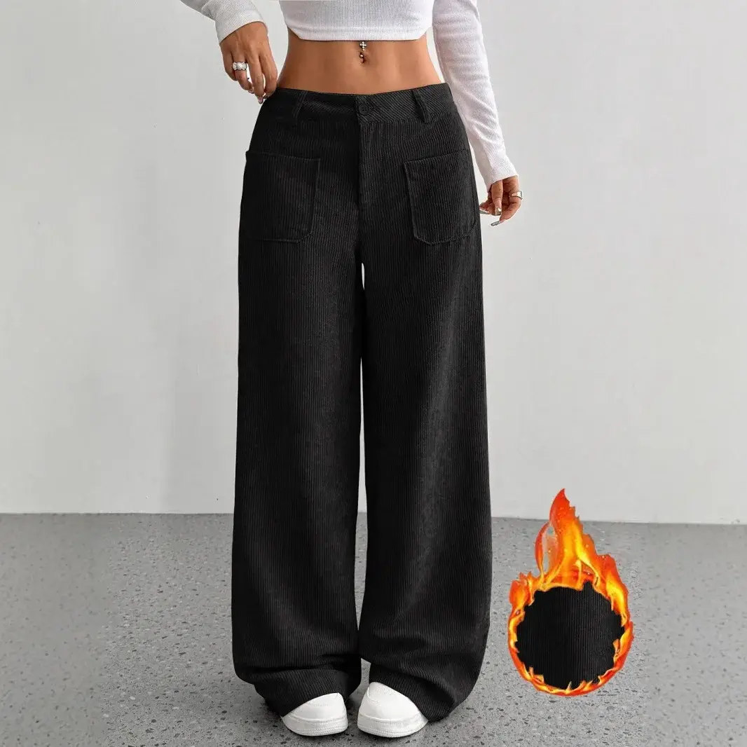 Loose Casual Women's Wide Leg Pants Floor-Length Cross-Border Pocket Design Pure Color Comfortable Fit Trousers