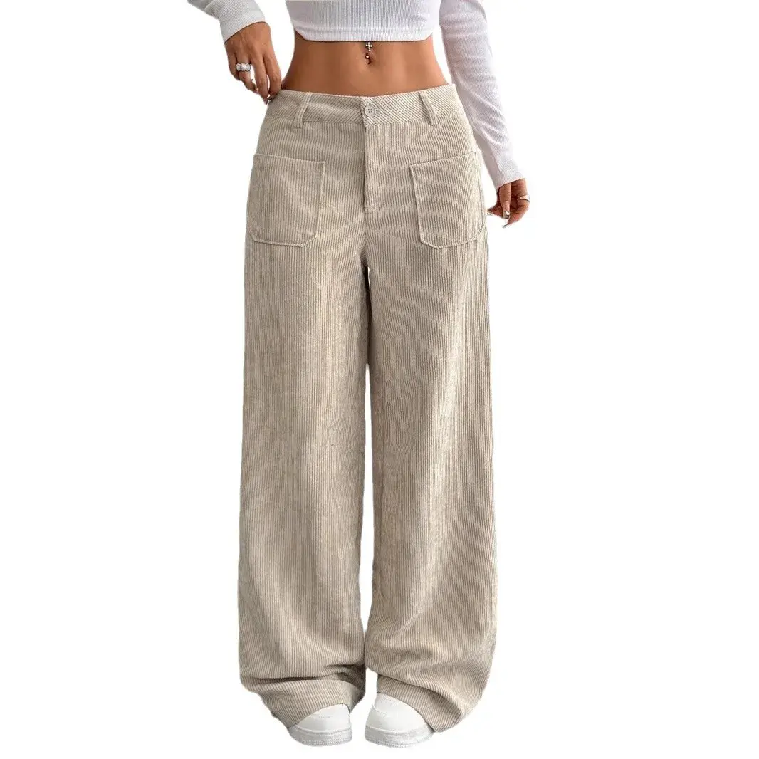 Loose Casual Women's Wide Leg Pants Floor-Length Cross-Border Pocket Design Pure Color Comfortable Fit Trousers