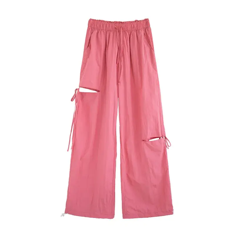 Women's Ripped Work Trousers Summer Thin Casual Straight Leg Wide American Quick Dry Ice Silk Sports Long Pants