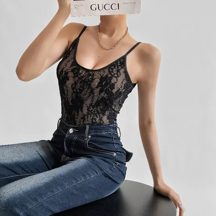 Lace Backless Crop Top Women's Inner Wear Short Sleeve Crew Neck Sexy Gentle Camisole Tank Top for Spring Summer