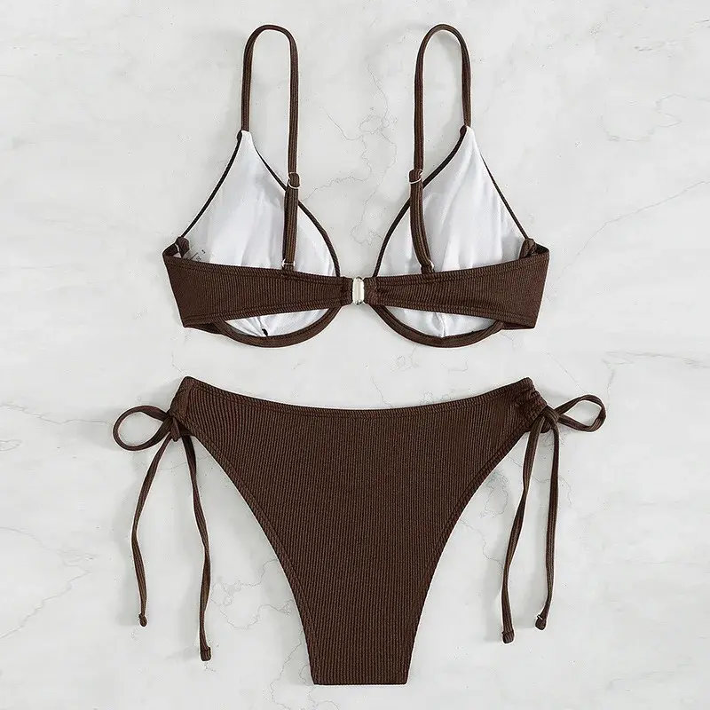 Sexy Gathered Backless Bikini Women's Pure Color Strap Steel Support Separable Swimwear Trendy 2024 New Model Hot Sale