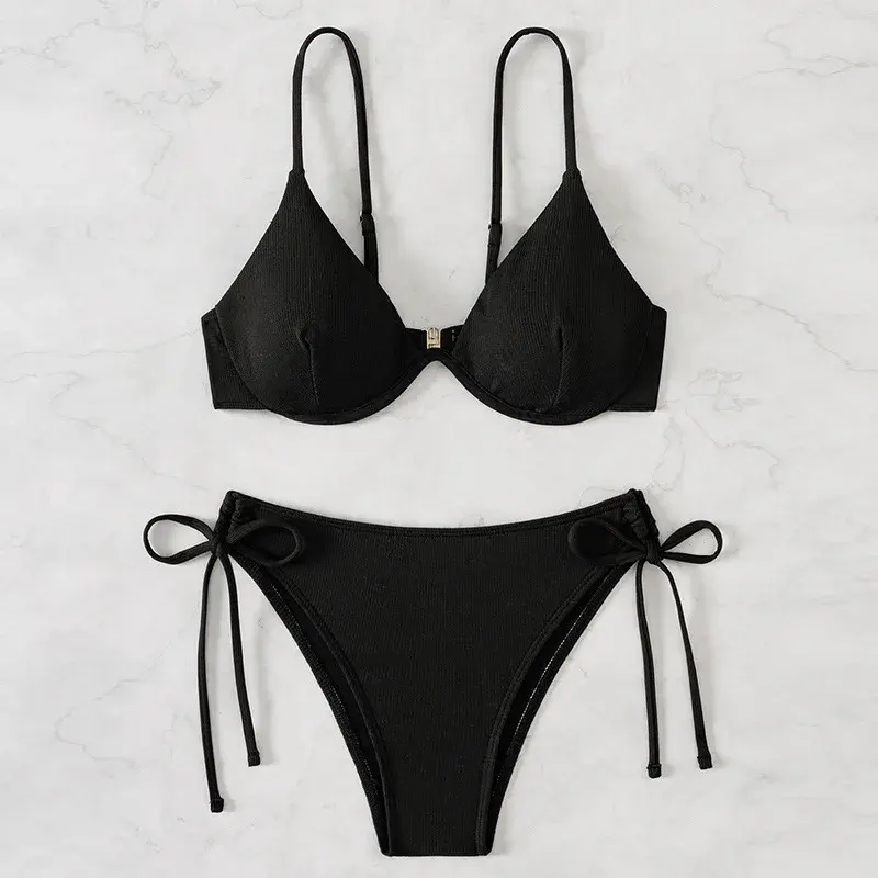 Sexy Gathered Backless Bikini Women's Pure Color Strap Steel Support Separable Swimwear Trendy 2024 New Model Hot Sale