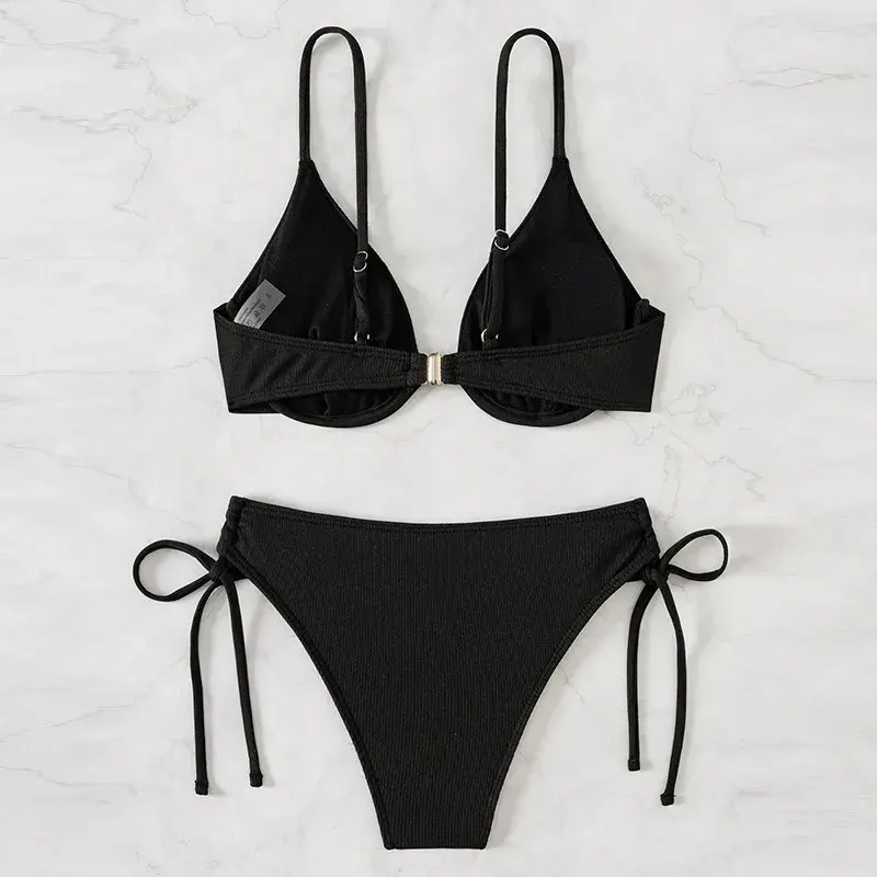 Sexy Gathered Backless Bikini Women's Pure Color Strap Steel Support Separable Swimwear Trendy 2024 New Model Hot Sale