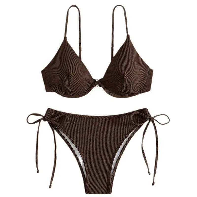 Sexy Gathered Backless Bikini Women's Pure Color Strap Steel Support Separable Swimwear Trendy 2024 New Model Hot Sale