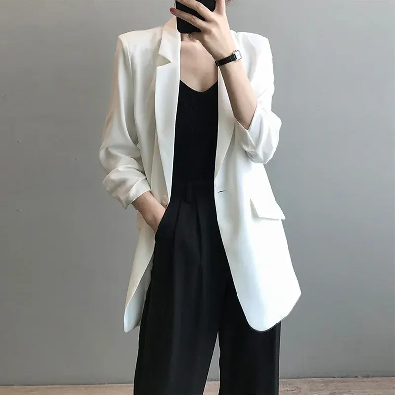 Women's Chiffon Blazer Jacket Thin Summer Drape Loose Casual Mid-Length White Western Style Top Full Sleeve Pure Color