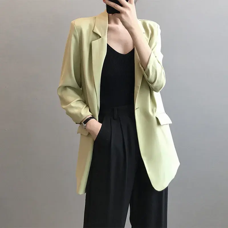 Women's Chiffon Blazer Jacket Thin Summer Drape Loose Casual Mid-Length White Western Style Top Full Sleeve Pure Color