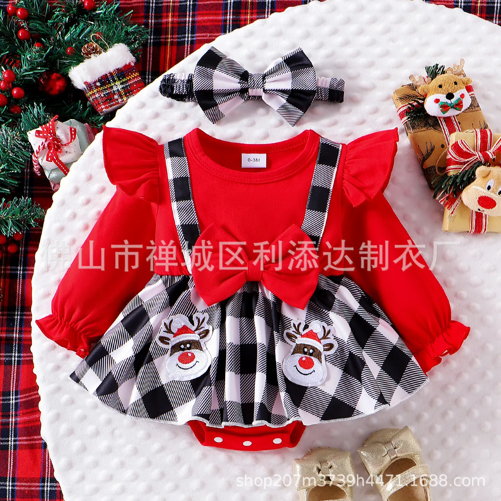 2024 Autumn New Baby Infant Romper Solid Color Christmas Haryu Kaban Open Arch Plaid Skirt Ribbon + Hat Cotton Material