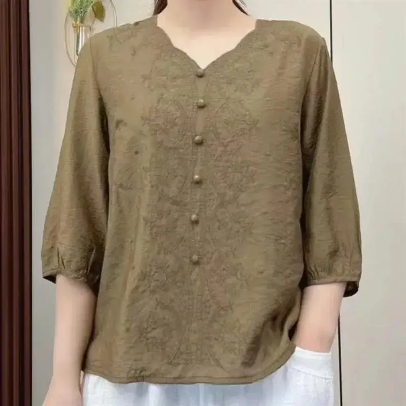Vintage Embroidery Cotton Linen V-neck Mid Sleeve Casual Fashionable Loose Fit Women's Clothing Summer High End