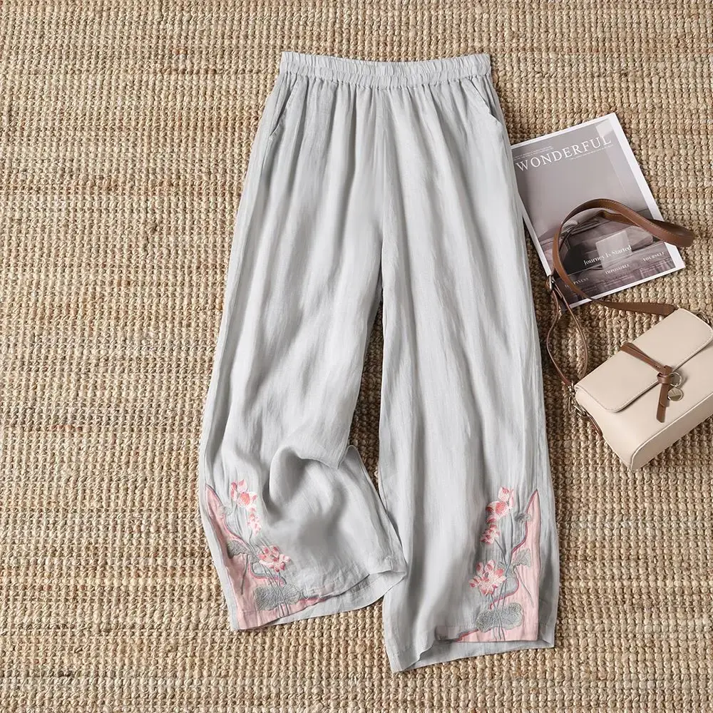 New Summer Chinese Style Loose Fit Embroidered Casual Pants Women's Vintage Bell Bottoms Fashionable Female Clothing