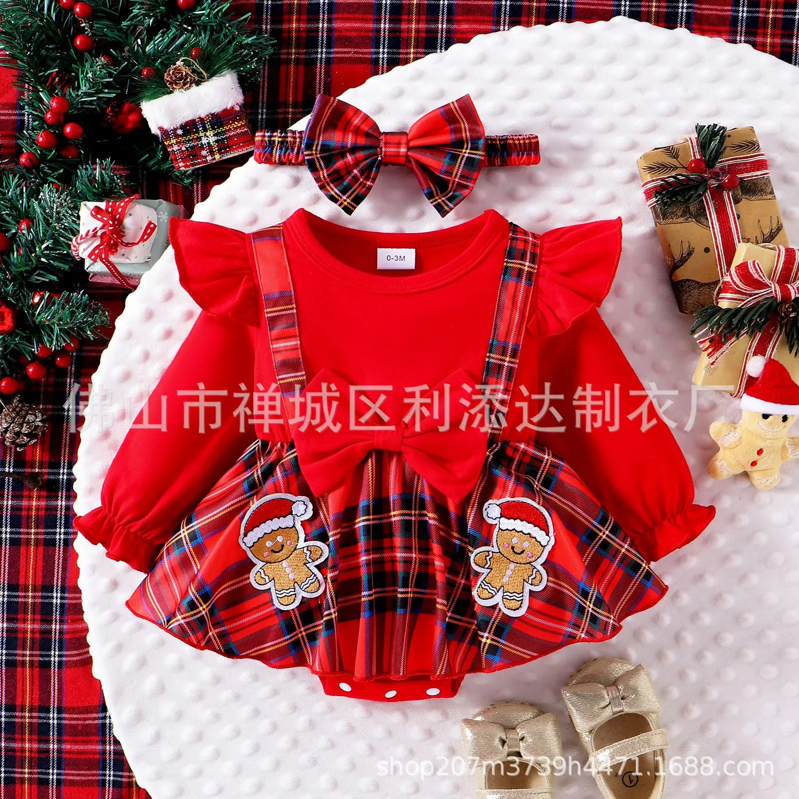 2024 Autumn New Baby Infant Romper Solid Color Christmas Haryu Kaban Open Arch Plaid Skirt Ribbon + Hat Cotton Material