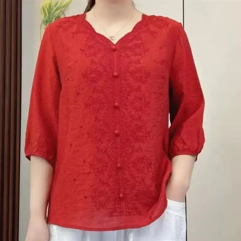 Vintage Embroidery Cotton Linen V-neck Mid Sleeve Casual Fashionable Loose Fit Women's Clothing Summer High End