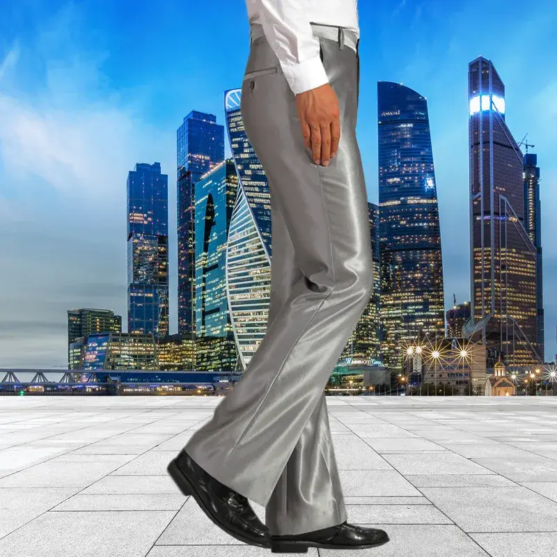 2024 Spring Summer New Men's Bright Silk Lightweight Trousers Large Size Casual Bell Bottoms Flared Style For Fashion