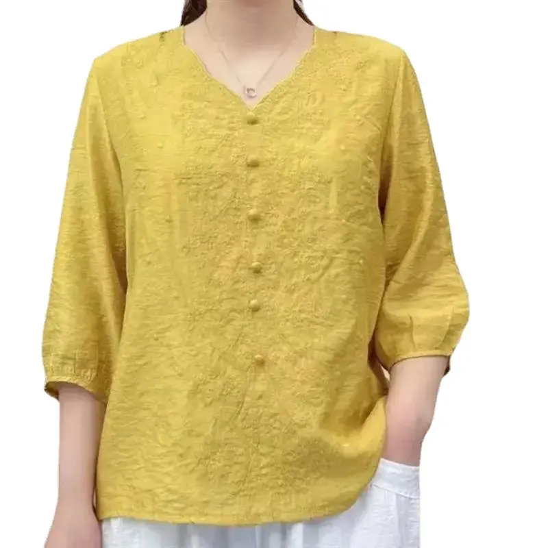 Vintage Embroidery Cotton Linen V-neck Mid Sleeve Casual Fashionable Loose Fit Women's Clothing Summer High End