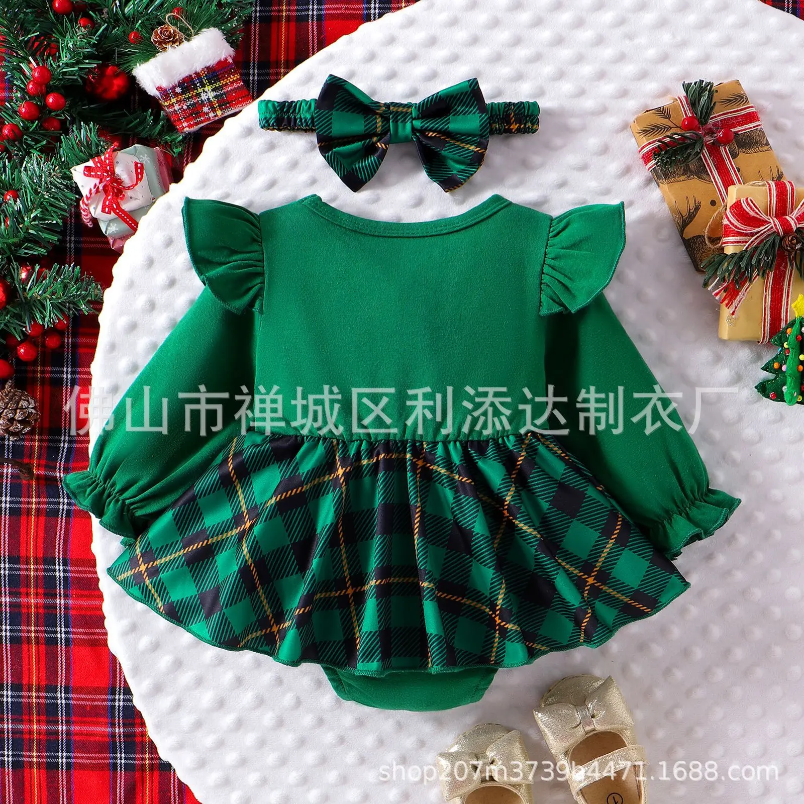 2024 Autumn New Baby Infant Romper Solid Color Christmas Haryu Kaban Open Arch Plaid Skirt Ribbon + Hat Cotton Material